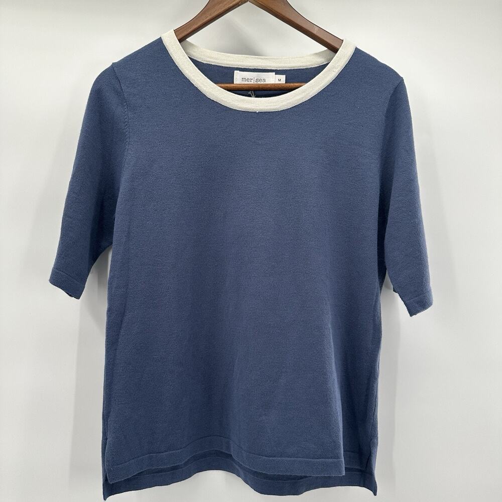 Mer Sea Sweater Womens Medium Blue Short Sleeve Anywear Knit Crew Pull Over
